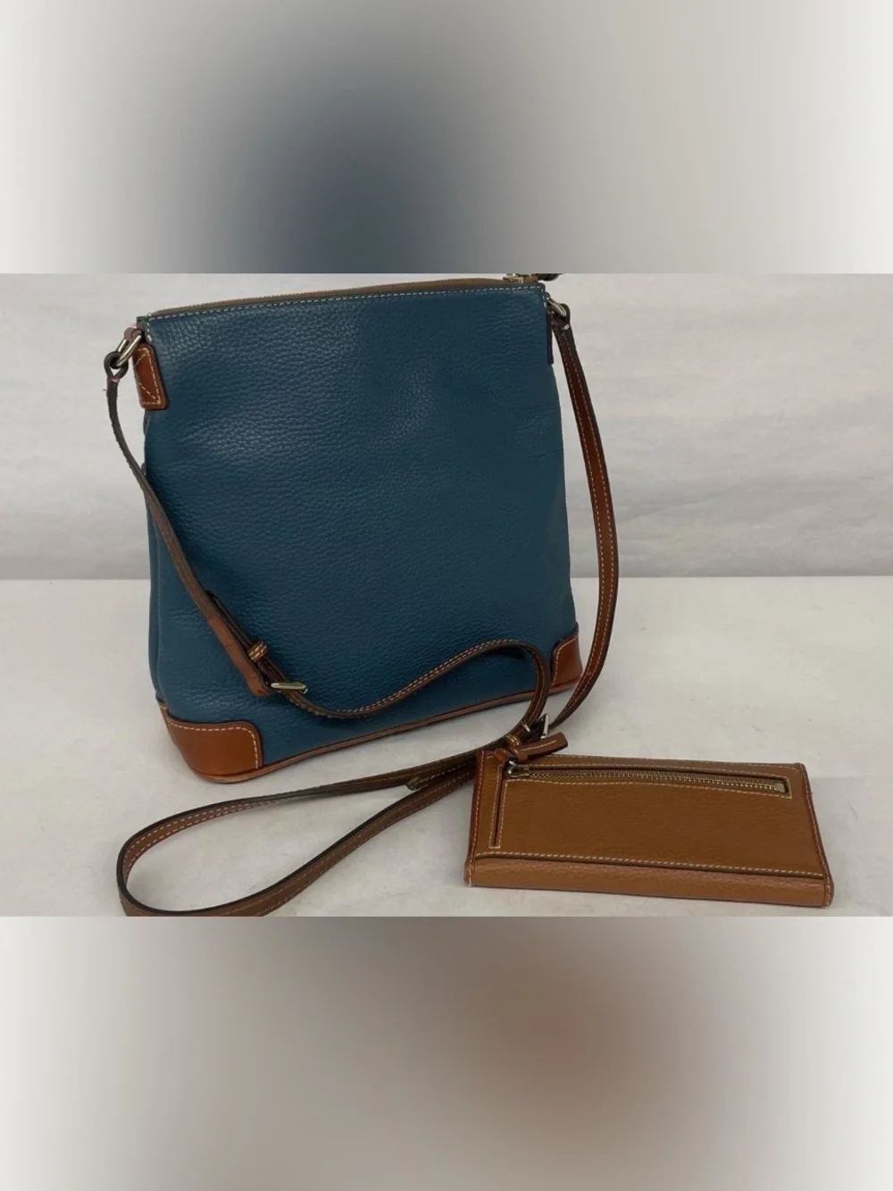 Dooney & Bourke Teal Leather Crossbody with Tan Trim and Gold Hardware